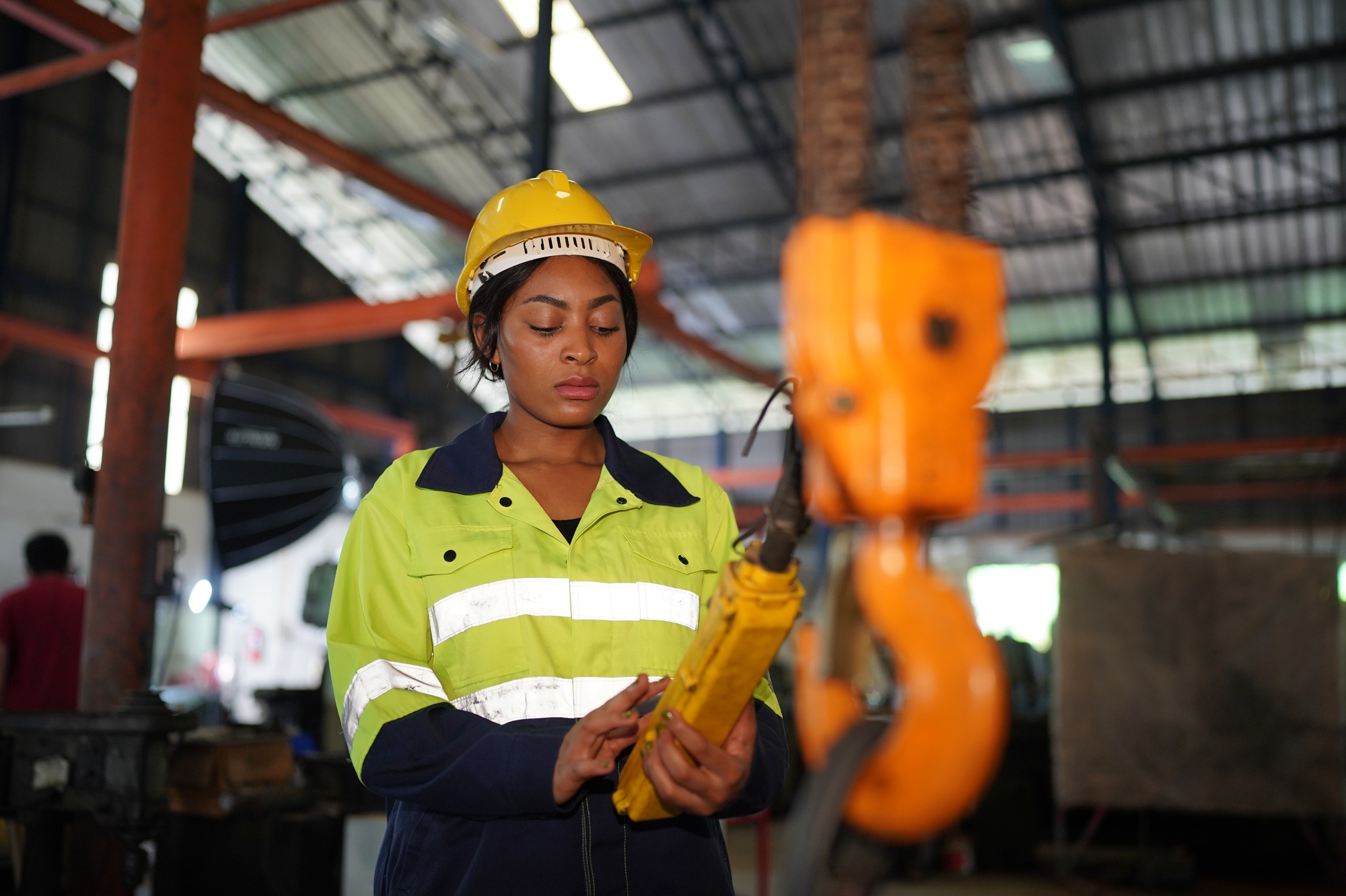 Metal industry worker at factory, Business industry and lathe background.
